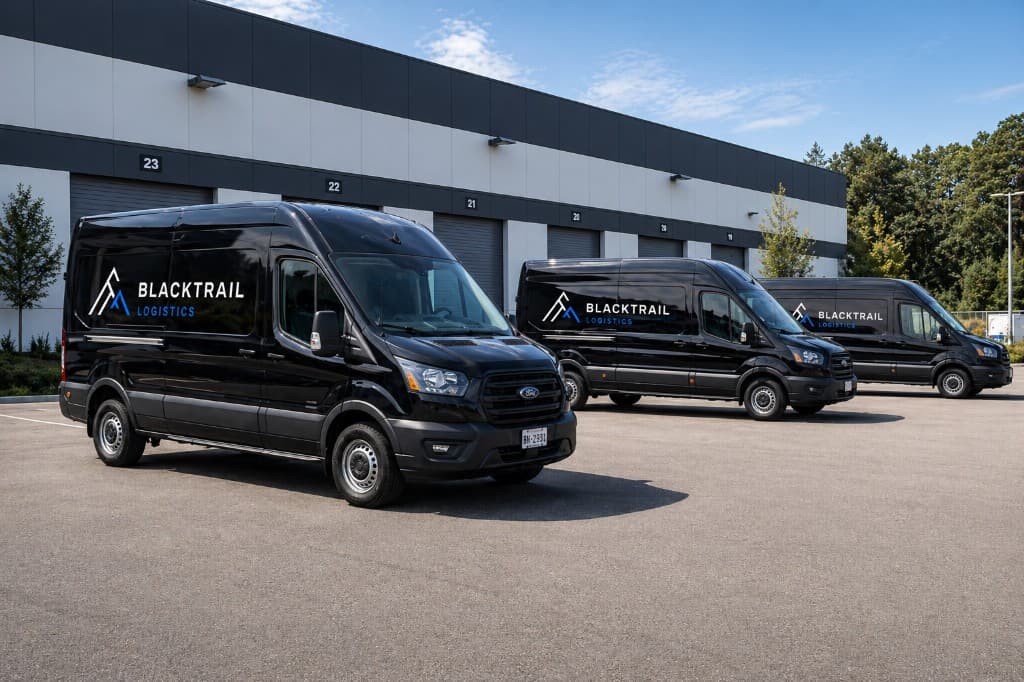 BlackTrail Logistics fleet vans parked at an industrial facility