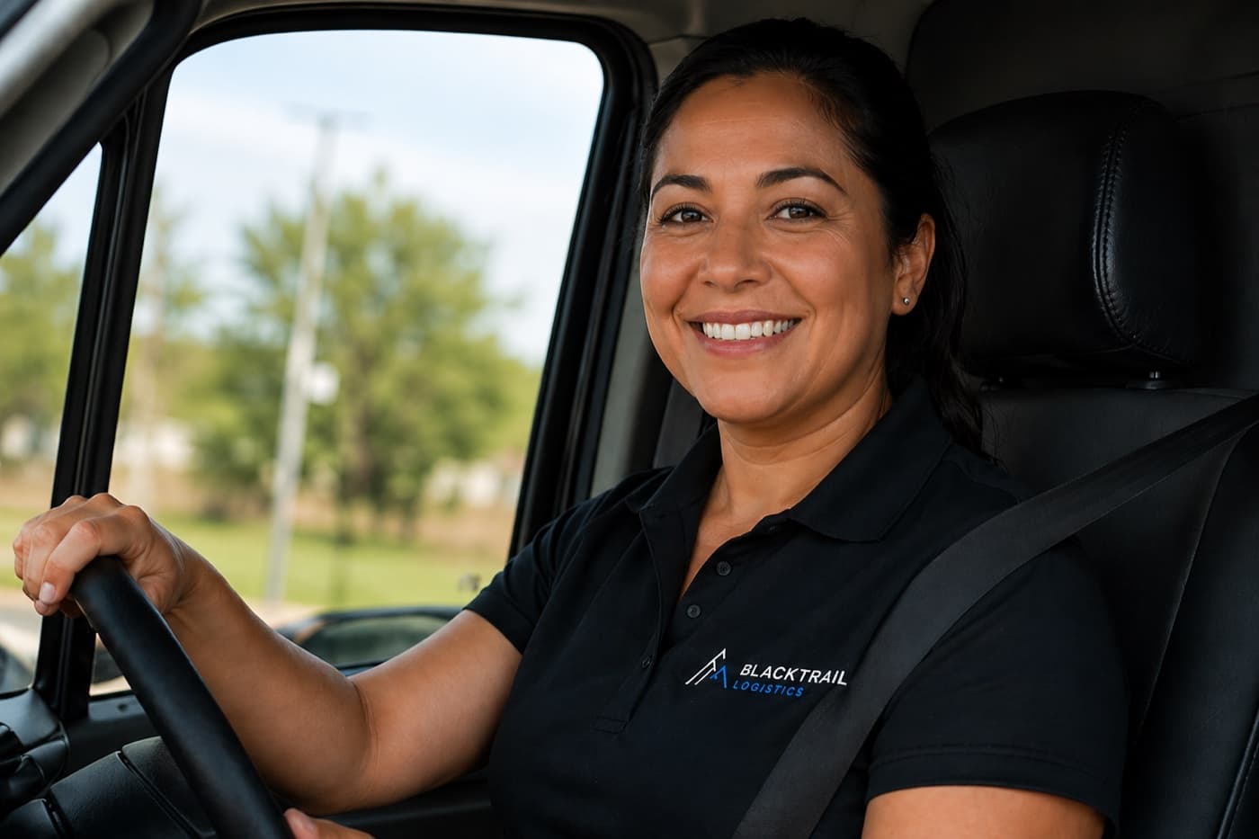BlackTrail Logistics driver seated in a cargo van cab