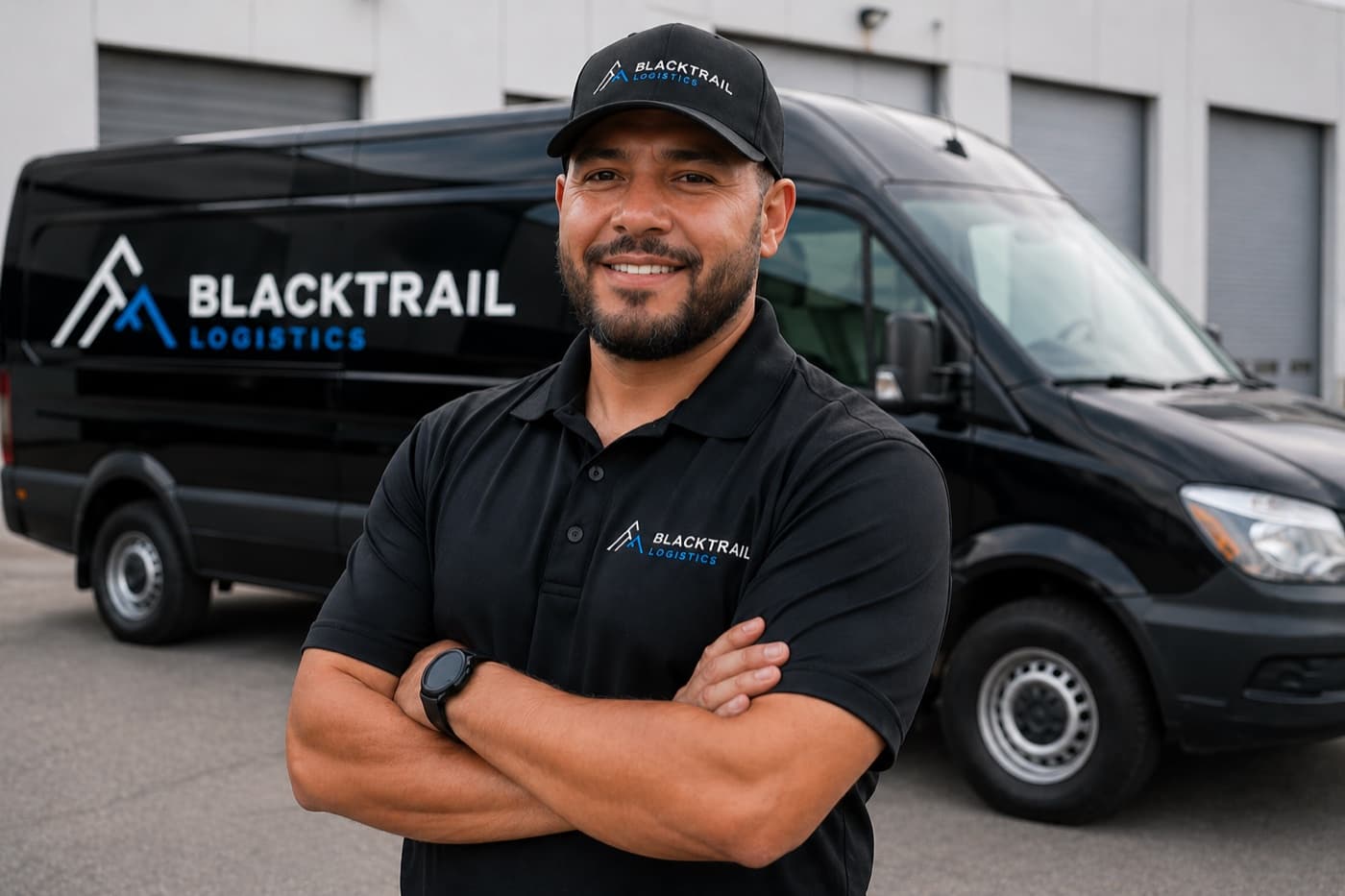 BlackTrail Logistics driver standing in front of a cargo van